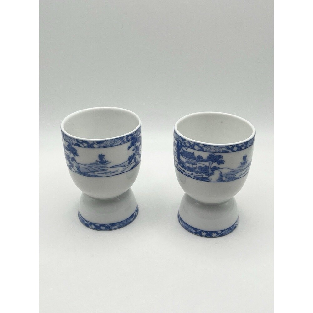 Vintage Royal Satsuma Nippon Blue White Egg Cups Japan Porcelain Set of 2 Used - Picture 4 of 6